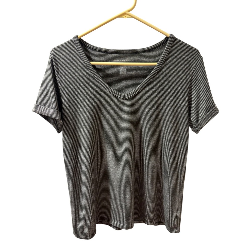 American Eagle Soft & Sexy Plush V-Neck Striped T-Shirt Grey White Small